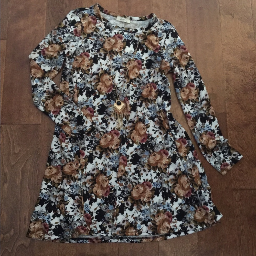 Pinc Floral long sleeves Dress & necklace combo M